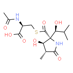ChemSpider 2D Image | N-Acetyl-S-({(2R,3R,4R)-3-hydroxy-2-[(1S)-1-hydroxy-2-methylpropyl]-4-methyl-5-oxo-2-pyrrolidinyl}carbonyl)-L-cysteine | C15H24N2O7S