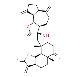 ChemSpider 2D Image | (3aS,5aR,9S,9aS,9bS)-9-{[(3R,3aR,6aR,9aR,9bR)-3-Hydroxy-6,9-bis(methylene)-2-oxododecahydroazuleno[4,5-b]furan-3-yl]methyl}-5a,9-dimethyl-3-methyleneoctahydronaphtho[1,2-b]furan-2,6(3H,4H)-dione | C30H38O6
