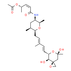 ChemSpider 2D Image | (2S,3Z)-5-{[(2R,3R,5S,6S)-6-{(2E,4E)-5-[(3S,4S,5S,7R)-4,7-Dihydroxy-7-methyl-1,6-dioxaspiro[2.5]oct-5-yl]-3-methyl-2,4-pentadien-1-yl}-2,5-dimethyltetrahydro-2H-pyran-3-yl]amino}-5-oxo-3-penten-2-yl a
cetate | C27H41NO8