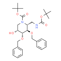 ChemSpider 2D Image | 2-Methyl-2-propanyl (2R,3R,4R,5R)-3,4-bis(benzyloxy)-5-hydroxy-2-[({[(2-methyl-2-propanyl)oxy]carbonyl}amino)methyl]-1-piperidinecarboxylate | C30H42N2O7