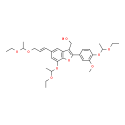 ChemSpider 2D Image | {7-(1-Ethoxyethoxy)-2-[4-(1-ethoxyethoxy)-3-methoxyphenyl]-5-[(1E)-3-(1-ethoxyethoxy)-1-propen-1-yl]-1-benzofuran-3-yl}methanol | C31H42O9