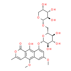 ChemSpider 2D Image | 10-Hydroxy-5,7-dimethoxy-3-methyl-1-oxo-1H-benzo[g]isochromen-9-yl 6-O-alpha-L-arabinopyranosyl-beta-D-glucopyranoside | C27H32O15