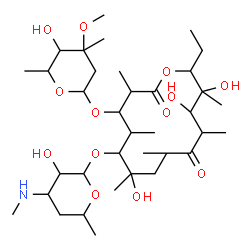 ChemSpider 2D Image | 14-Ethyl-7,12,13-trihydroxy-4-[(5-hydroxy-4-methoxy-4,6-dimethyltetrahydro-2H-pyran-2-yl)oxy]-6-{[3-hydroxy-6-methyl-4-(methylamino)tetrahydro-2H-pyran-2-yl]oxy}-3,5,7,9,11,13-hexamethyloxacyclotetrad
ecane-2,10-dione | C36H65NO13