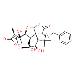 ChemSpider 2D Image | (1R,3R,6R,7R,8S,9R,10S,11S,13S,16S,17R)-6-(Benzyloxy)-9,12,17-trihydroxy-16-methyl-8-(2-methyl-2-propanyl)-2,4,14,19-tetraoxahexacyclo[8.7.2.0~1,11~.0~3,7~.0~7,11~.0~13,17~]nonadecane-5,15,18-trione | C27H30O11