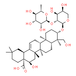 ChemSpider 2D Image | (3beta,16alpha)-3-{[2-O-(6-Deoxy-alpha-L-mannopyranosyl)-alpha-L-arabinopyranosyl]oxy}-16,23-dihydroxyolean-12-en-28-oic acid | C41H66O13