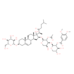 ChemSpider 2D Image | (3beta,16beta)-16-({2-O-Acetyl-3-O-[2-O-(3,4-dimethoxybenzoyl)-beta-D-xylopyranosyl]-alpha-L-arabinopyranosyl}oxy)-17-hydroxy-22-oxocholest-5-en-3-yl beta-D-glucopyranoside | C54H80O21