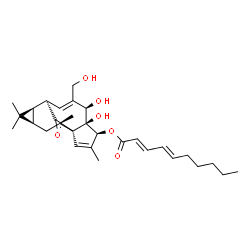 ChemSpider 2D Image | (1S,4S,5S,6R,9R,10R,12R,14R)-5,6-Dihydroxy-7-(hydroxymethyl)-3,11,11,14-tetramethyl-15-oxotetracyclo[7.5.1.0~1,5~.0~10,12~]pentadeca-2,7-dien-4-yl (2E,4E)-2,4-decadienoate | C30H42O6