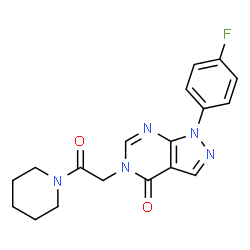 ChemSpider 2D Image | 1-(4-Fluorophenyl)-5-[2-oxo-2-(1-piperidinyl)ethyl]-1,5-dihydro-4H-pyrazolo[3,4-d]pyrimidin-4-one | C18H18FN5O2