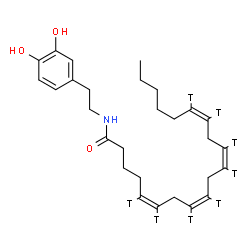 ChemSpider 2D Image | (5Z,8Z,11Z,14Z)-N-[2-(3,4-Dihydroxyphenyl)ethyl](5,6,8,9,11,12,14,15-~3~H_8_)-5,8,11,14-icosatetraenamide | C28H33T8NO3