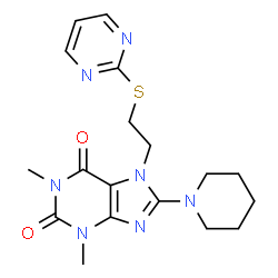 ChemSpider 2D Image | 1,3-Dimethyl-8-(1-piperidinyl)-7-[2-(2-pyrimidinylsulfanyl)ethyl]-3,7-dihydro-1H-purine-2,6-dione | C18H23N7O2S