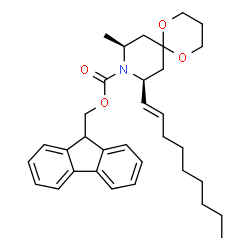 ChemSpider 2D Image | 9H-Fluoren-9-ylmethyl (8S,10S)-8-methyl-10-[(1E)-1-nonen-1-yl]-1,5-dioxa-9-azaspiro[5.5]undecane-9-carboxylate | C33H43NO4