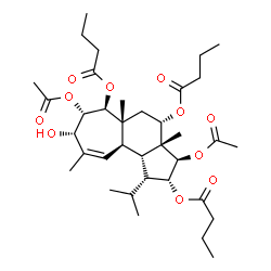 ChemSpider 2D Image | (1R,2R,3R,3aR,4S,5aR,6S,7S,8S,10aR,10bS)-3,7-Diacetoxy-8-hydroxy-1-isopropyl-3a,5a,9-trimethyl-1,2,3,3a,4,5,5a,6,7,8,10a,10b-dodecahydrocyclohepta[e]indene-2,4,6-triyl tributanoate | C36H56O11