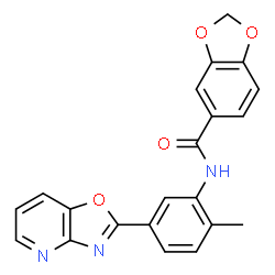 ChemSpider 2D Image | N-[2-Methyl-5-([1,3]oxazolo[4,5-b]pyridin-2-yl)phenyl]-1,3-benzodioxole-5-carboxamide | C21H15N3O4