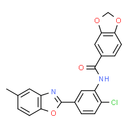 ChemSpider 2D Image | N-[2-Chloro-5-(5-methyl-1,3-benzoxazol-2-yl)phenyl]-1,3-benzodioxole-5-carboxamide | C22H15ClN2O4