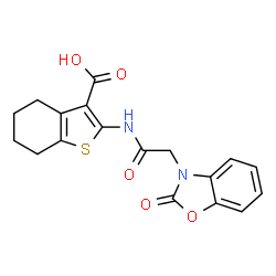 ChemSpider 2D Image | 2-{[(2-Oxo-1,3-benzoxazol-3(2H)-yl)acetyl]amino}-4,5,6,7-tetrahydro-1-benzothiophene-3-carboxylic acid | C18H16N2O5S