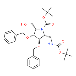 ChemSpider 2D Image | 2-Methyl-2-propanyl (2S,3R,4R,5R)-3,4-bis(benzyloxy)-2-(hydroxymethyl)-5-[({[(2-methyl-2-propanyl)oxy]carbonyl}amino)methyl]-1-pyrrolidinecarboxylate | C30H42N2O7