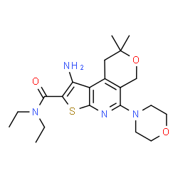 ChemSpider 2D Image | 1-Amino-N,N-diethyl-8,8-dimethyl-5-(4-morpholinyl)-8,9-dihydro-6H-pyrano[4,3-d]thieno[2,3-b]pyridine-2-carboxamide | C21H30N4O3S