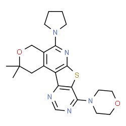 ChemSpider 2D Image | 2,2-Dimethyl-8-(4-morpholinyl)-5-(1-pyrrolidinyl)-1,4-dihydro-2H-pyrano[4'',3'':4',5']pyrido[3',2':4,5]thieno[3,2-d]pyrimidine | C22H27N5O2S