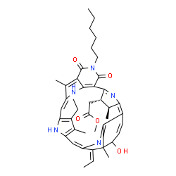 ChemSpider 2D Image | Methyl [(9Z,25S,26S,28Z)-12-ethyl-28-ethylidene-4-hexyl-20-hydroxy-13,19,25,30-tetramethyl-3,5-dioxo-4,8,17,27,29-pentaazaheptacyclo[22.2.1.1~6,9~.1~11,14~.1~16,19~.0~2,7~.0~18,23~]triaconta-1(27),2(7
),6(30),9,11,13,15,17,21,23-decaen-26-yl]acetate | C42H49N5O5