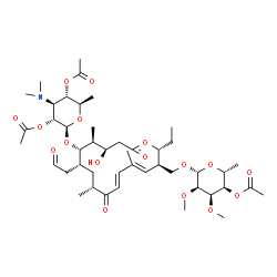 ChemSpider 2D Image | [(2R,3R,4E,6E,9R,11R,12S,13S,14R)-12-{[2,4-Di-O-acetyl-3,6-dideoxy-3-(dimethylamino)-beta-D-glucopyranosyl]oxy}-2-ethyl-14-hydroxy-5,9,13-trimethyl-8,16-dioxo-11-(2-oxoethyl)oxacyclohexadeca-4,6-dien-
3-yl]methyl 4-O-acetyl-6-deoxy-2,3-di-O-methyl-beta-D-allopyranoside | C45H71NO17