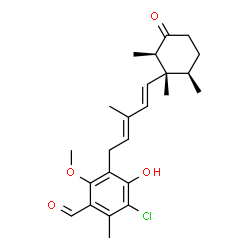 ChemSpider 2D Image | 3-Chloro-4-hydroxy-6-methoxy-2-methyl-5-{(2E,4E)-3-methyl-5-[(1R,2R,6R)-1,2,6-trimethyl-3-oxocyclohexyl]-2,4-pentadien-1-yl}benzaldehyde | C24H31ClO4