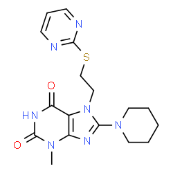 ChemSpider 2D Image | 3-Methyl-8-(1-piperidinyl)-7-[2-(2-pyrimidinylsulfanyl)ethyl]-3,7-dihydro-1H-purine-2,6-dione | C17H21N7O2S