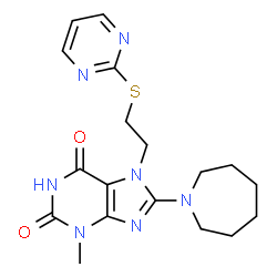 ChemSpider 2D Image | 8-(1-Azepanyl)-3-methyl-7-[2-(2-pyrimidinylsulfanyl)ethyl]-3,7-dihydro-1H-purine-2,6-dione | C18H23N7O2S