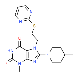 ChemSpider 2D Image | 3-Methyl-8-(4-methyl-1-piperidinyl)-7-[2-(2-pyrimidinylsulfanyl)ethyl]-3,7-dihydro-1H-purine-2,6-dione | C18H23N7O2S