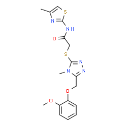 ChemSpider 2D Image | 2-({5-[(2-Methoxyphenoxy)methyl]-4-methyl-4H-1,2,4-triazol-3-yl}sulfanyl)-N-(4-methyl-1,3-thiazol-2-yl)acetamide | C17H19N5O3S2