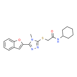 ChemSpider 2D Image | 2-{[5-(1-Benzofuran-2-yl)-4-methyl-4H-1,2,4-triazol-3-yl]sulfanyl}-N-cyclohexylacetamide | C19H22N4O2S