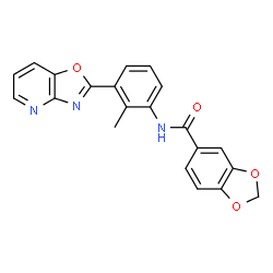 ChemSpider 2D Image | N-[2-Methyl-3-([1,3]oxazolo[4,5-b]pyridin-2-yl)phenyl]-1,3-benzodioxole-5-carboxamide | C21H15N3O4