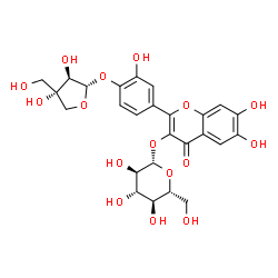 ChemSpider 2D Image | 2-(4-{[(2S,3R,4S)-3,4-Dihydroxy-4-(hydroxymethyl)tetrahydro-2-furanyl]oxy}-3-hydroxyphenyl)-6,7-dihydroxy-4-oxo-4H-chromen-3-yl beta-D-glucopyranoside | C26H28O16