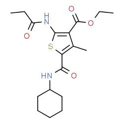 ChemSpider 2D Image | Ethyl 5-(cyclohexylcarbamoyl)-4-methyl-2-(propionylamino)-3-thiophenecarboxylate | C18H26N2O4S