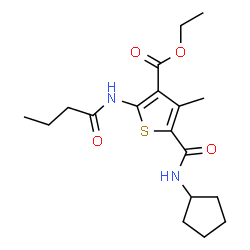 ChemSpider 2D Image | Ethyl 2-(butyrylamino)-5-(cyclopentylcarbamoyl)-4-methyl-3-thiophenecarboxylate | C18H26N2O4S