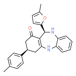 ChemSpider 2D Image | (3R,11S)-11-(5-Methyl-2-furyl)-3-(4-methylphenyl)-2,3,4,5,10,11-hexahydro-1H-dibenzo[b,e][1,4]diazepin-1-one | C25H24N2O2