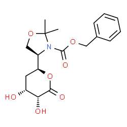ChemSpider 2D Image | Benzyl (4R)-4-[(2S,4R,5R)-4,5-dihydroxy-6-oxotetrahydro-2H-pyran-2-yl]-2,2-dimethyl-1,3-oxazolidine-3-carboxylate | C18H23NO7