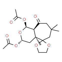 ChemSpider 2D Image | (1S,3S,4aS,9aS)-4a,7,7-Trimethyl-9-oxooctahydro-1H-spiro[cyclohepta[c]pyran-5,2'-[1,3]dioxolane]-1,3-diyl diacetate | C19H28O8