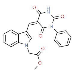 ChemSpider 2D Image | Methyl {3-[(Z)-(2,4,6-trioxo-1-phenyltetrahydro-5(2H)-pyrimidinylidene)methyl]-1H-indol-1-yl}acetate | C22H17N3O5