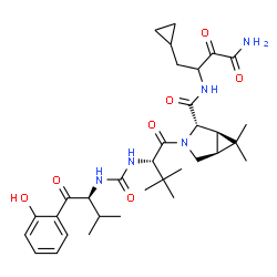 ChemSpider 2D Image | (1R,2S,5S)-N-(4-Amino-1-cyclopropyl-3,4-dioxo-2-butanyl)-3-(N-{[(2S)-1-(2-hydroxyphenyl)-3-methyl-1-oxo-2-butanyl]carbamoyl}-3-methyl-L-valyl)-6,6-dimethyl-3-azabicyclo[3.1.0]hexane-2-carboxamide | C33H47N5O7
