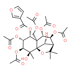 ChemSpider 2D Image | (1S,2S,3S,4R,5R,6R,7S,8S,9S,12R)-3,4,7,8-Tetraacetoxy-6-(acetoxymethyl)-2,12-dihydroxy-2,10,10-trimethyl-11-oxatricyclo[7.2.1.0~1,6~]dodec-5-yl 3-furoate | C30H38O16