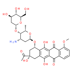 ChemSpider 2D Image | (1S,3S)-3-Acetyl-3,5,12-trihydroxy-10-methoxy-6,11-dioxo-1,2,3,4,6,11-hexahydro-1-tetracenyl 3-amino-2,3,6-trideoxy-4-O-(2-deoxy-alpha-D-arabino-hexopyranosyl)-alpha-L-lyxo-hexopyranoside | C33H39NO14
