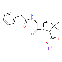 ChemSpider 2D Image | Potassium (5R,6R)-3,3-dimethyl-7-oxo-6-[(phenylacetyl)amino]-4-thia-1-azabicyclo[3.2.0]heptane-2-carboxylate | C16H17KN2O4S