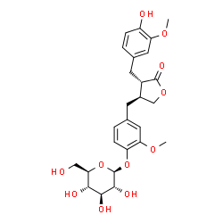 ChemSpider 2D Image | 4-{[(3S,4S)-4-(4-Hydroxy-3-methoxybenzyl)-5-oxotetrahydro-3-furanyl]methyl}-2-methoxyphenyl beta-D-glucopyranoside | C26H32O11