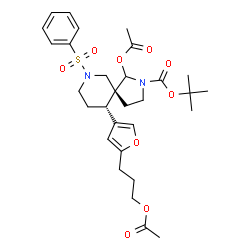 ChemSpider 2D Image | 2-Methyl-2-propanyl (5R,10S)-1-acetoxy-10-[5-(3-acetoxypropyl)-3-furyl]-7-(phenylsulfonyl)-2,7-diazaspiro[4.5]decane-2-carboxylate | C30H40N2O9S