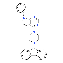 ChemSpider 2D Image | 4-[4-(9H-Fluoren-9-yl)-1-piperazinyl]-1-phenyl-1H-pyrazolo[3,4-d]pyrimidine | C28H24N6
