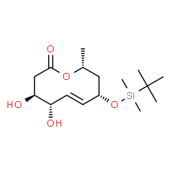 ChemSpider 2D Image | (4S,5S,6E,8S,10R)-8-{[Dimethyl(2-methyl-2-propanyl)silyl]oxy}-4,5-dihydroxy-10-methyl-3,4,5,8,9,10-hexahydro-2H-oxecin-2-one | C16H30O5Si