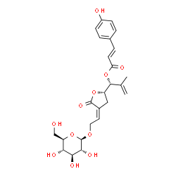ChemSpider 2D Image | (1R)-1-{(2S,4Z)-4-[2-(beta-D-Glucopyranosyloxy)ethylidene]-5-oxotetrahydro-2-furanyl}-2-methyl-2-propen-1-yl (2E)-3-(4-hydroxyphenyl)acrylate | C25H30O11