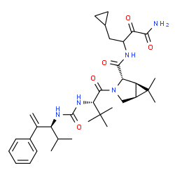 ChemSpider 2D Image | (1R,2S,5S)-N-(4-Amino-1-cyclopropyl-3,4-dioxo-2-butanyl)-6,6-dimethyl-3-(3-methyl-N-{[(3S)-4-methyl-2-phenyl-1-penten-3-yl]carbamoyl}-L-valyl)-3-azabicyclo[3.1.0]hexane-2-carboxamide | C34H49N5O5
