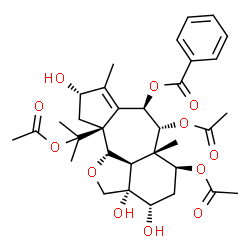 ChemSpider 2D Image | (2aS,3S,5S,5aS,6R,7R,9S,10aS,10bS,10cR)-5,6-Diacetoxy-10a-(2-acetoxy-2-propanyl)-2a,3,9-trihydroxy-5a,8-dimethyl-2a,3,4,5,5a,6,7,9,10,10a,10b,10c-dodecahydro-2H-1-oxabenzo[cd]cyclopenta[h]azulen-7-yl 
benzoate | C33H42O12