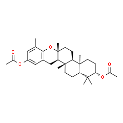 ChemSpider 2D Image | (2S,4aR,4bS,6aR,12aR,12bS,14aR)-1,1,4a,6a,8,12b-Hexamethyl-2,3,4,4a,4b,5,6,6a,12,12a,12b,13,14,14a-tetradecahydro-1H-naphtho[2,1-a]xanthene-2,10-diyl diacetate | C31H44O5
